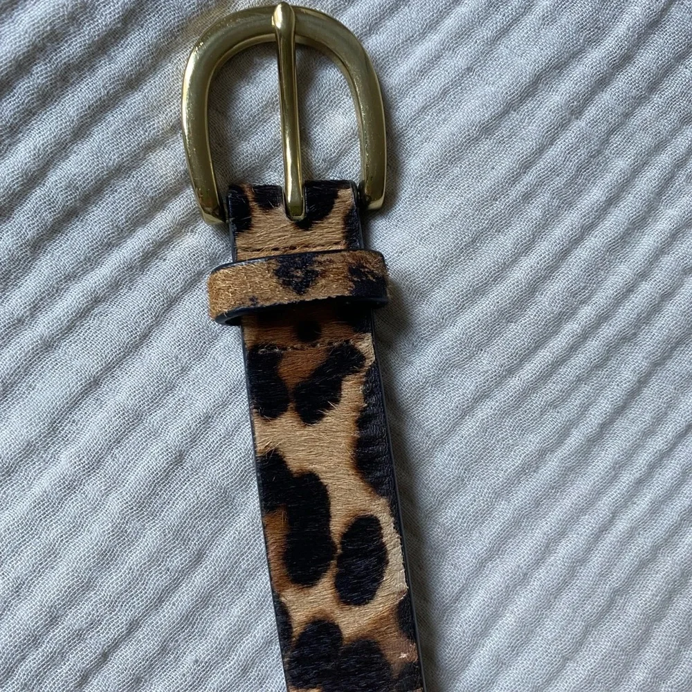 J. Crew 100% Leather Leopard Fur Belt with Brass Buckle - Picture 2 of 4